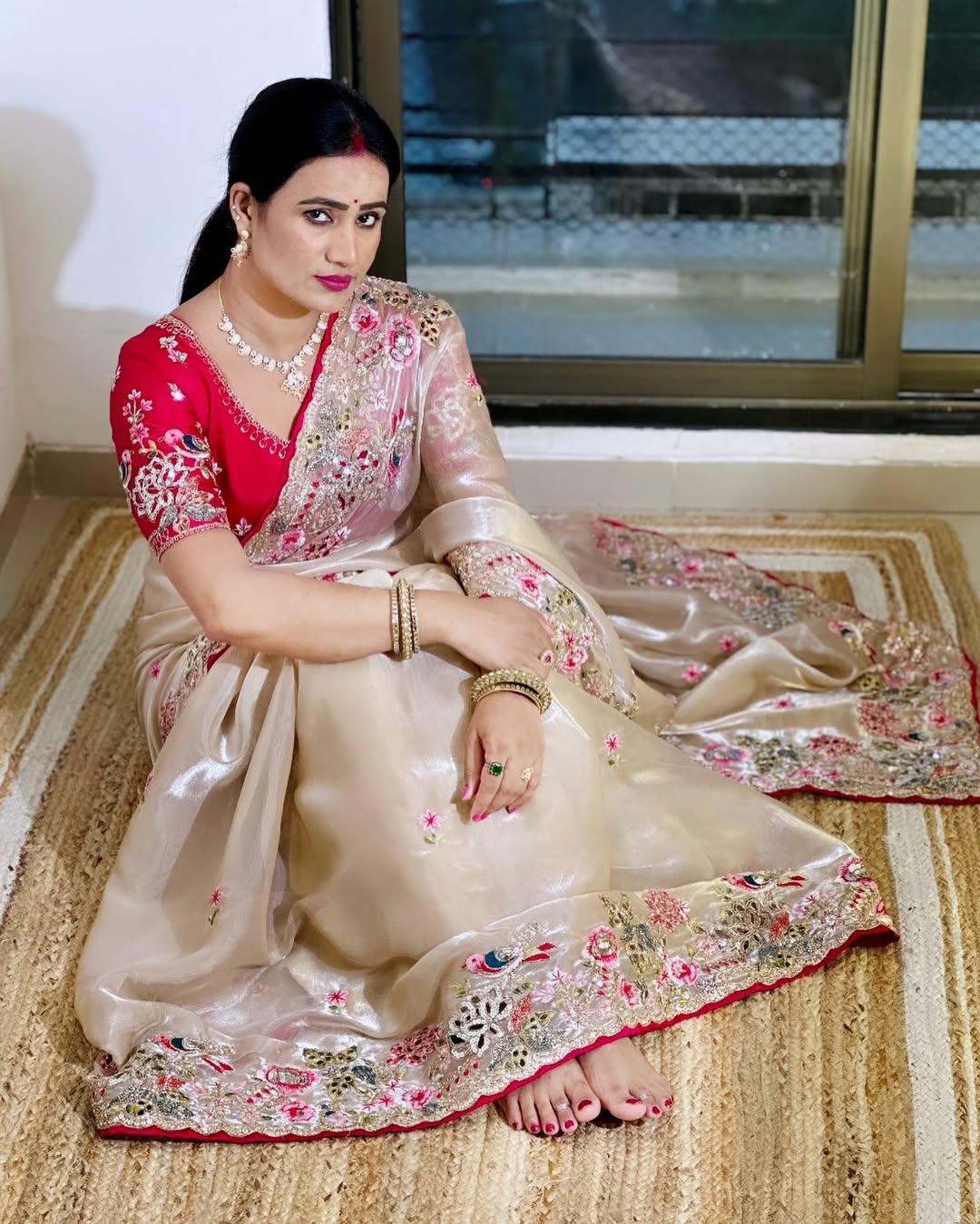 Embroidered organza silk saree