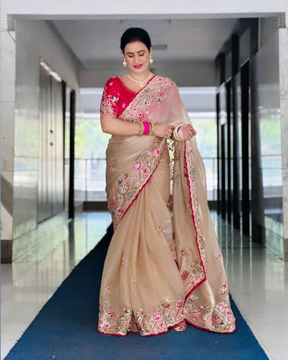 Embroidered organza silk saree