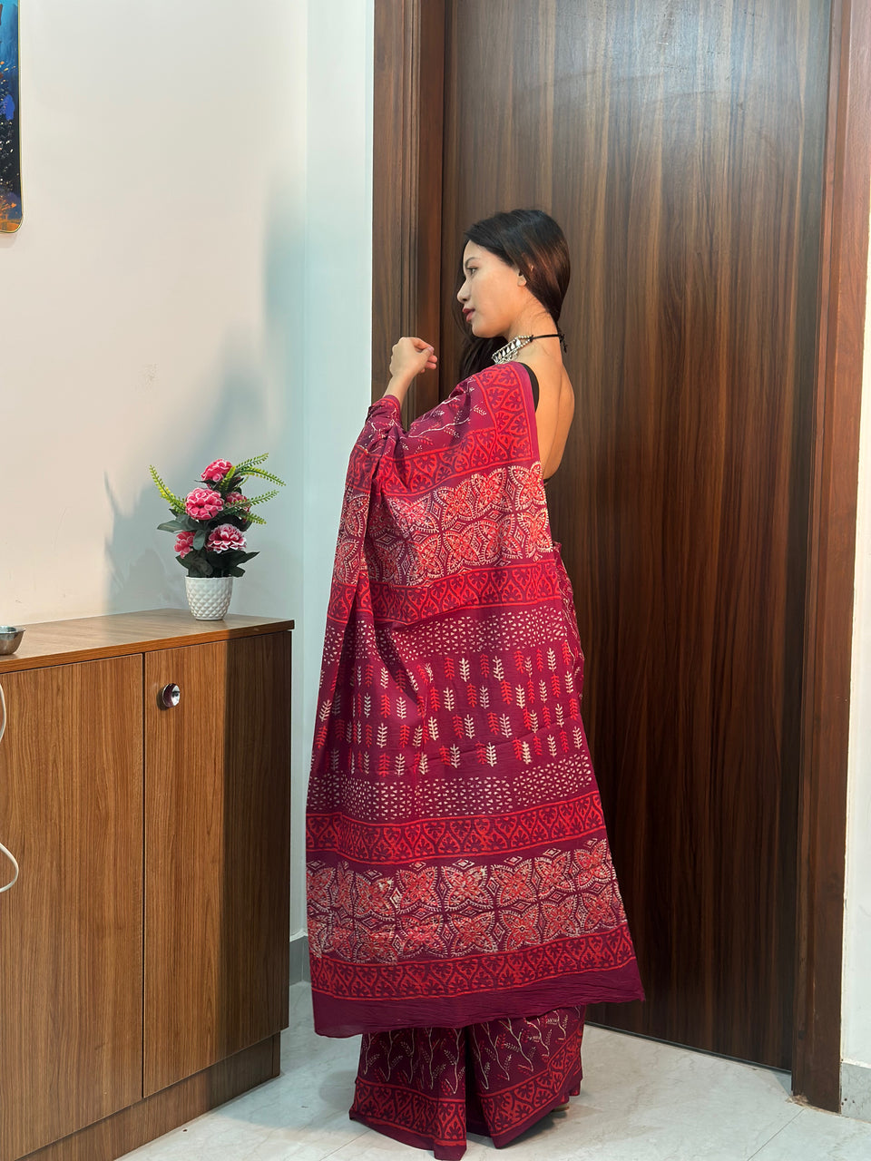 Printed cutton saree contrast  ♥️ red