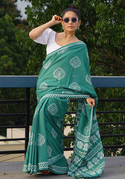 Printed cutton green  saree contrast