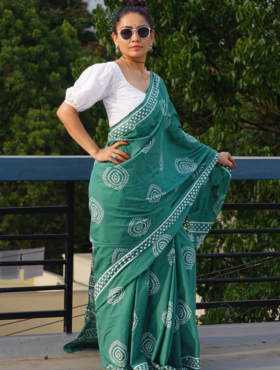 Printed cutton green  saree contrast