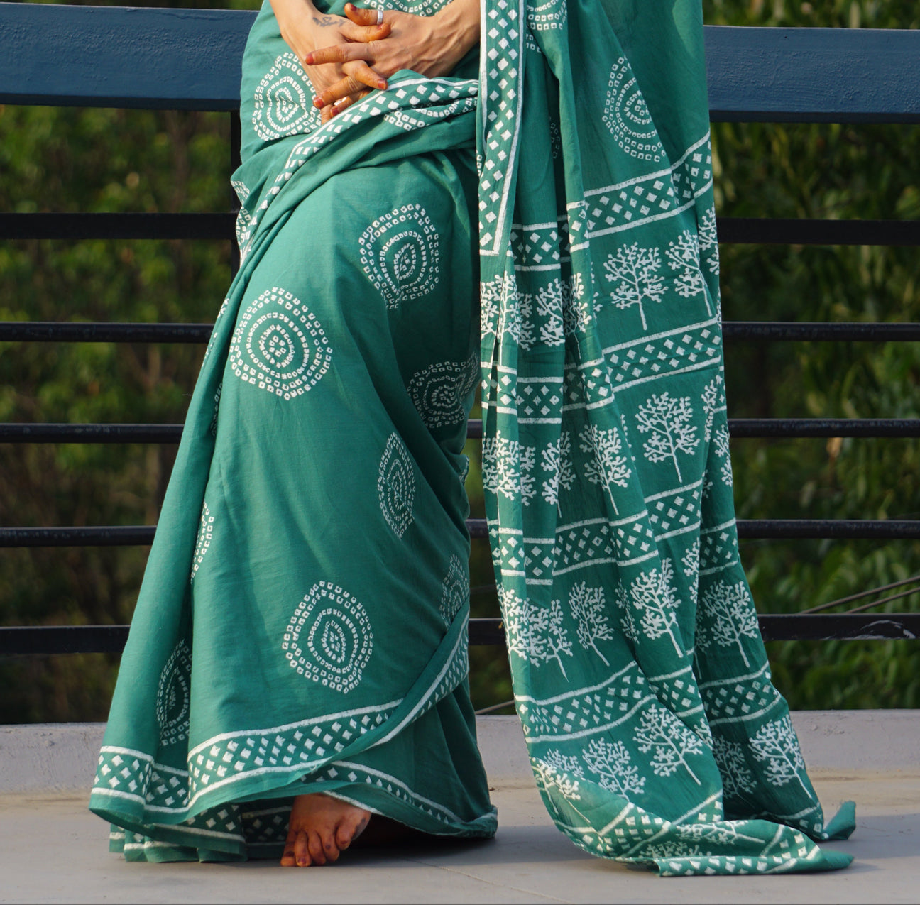 Printed cutton green  saree contrast