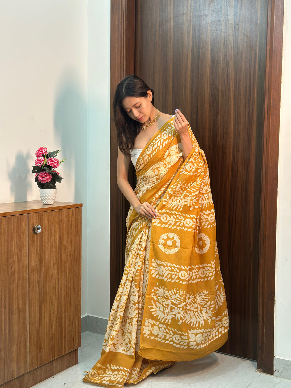 Printed cutton saree contrast yellow