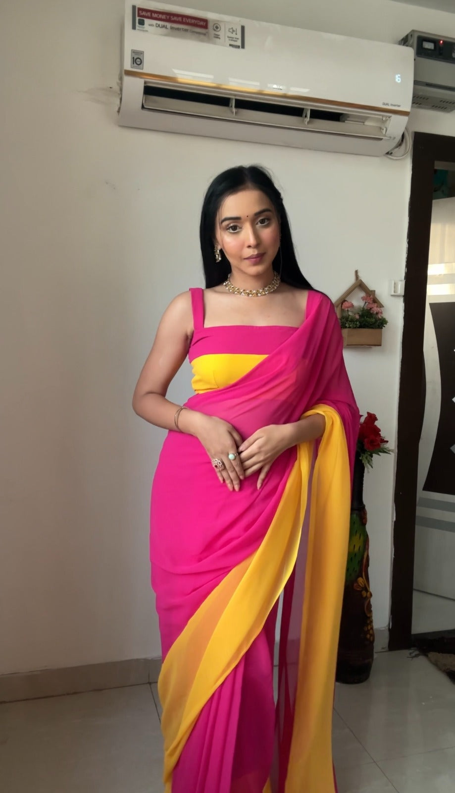Pink & yellow georgette saree for women stylish party wear saare