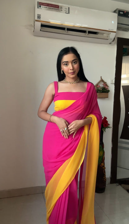 Pink & yellow georgette saree for women stylish party wear saare