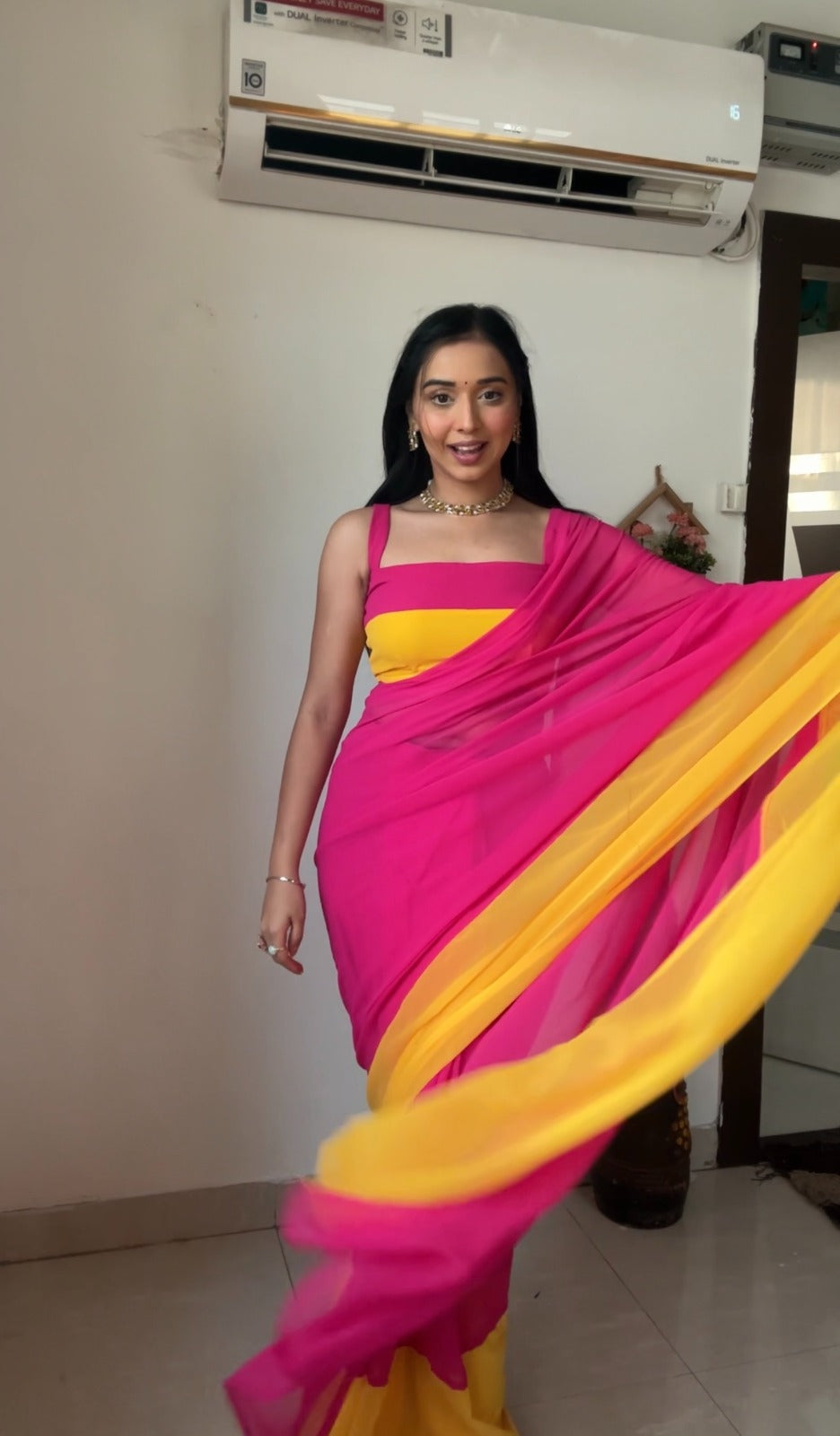 Pink & yellow georgette saree for women stylish party wear saare