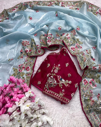 Embroidered organzan sky silk saree