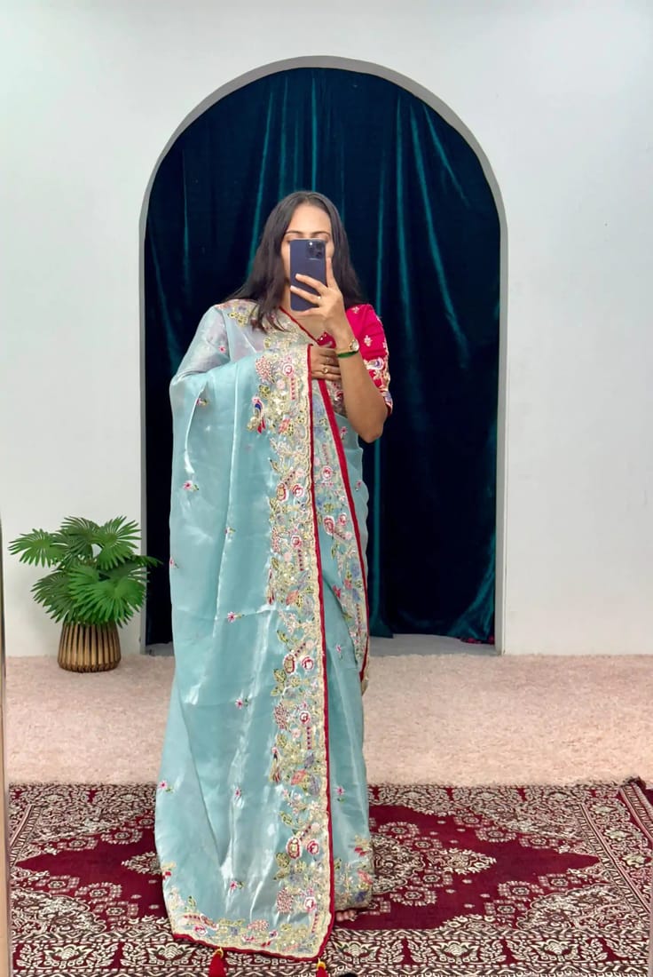 Embroidered organzan sky silk saree
