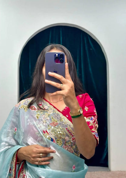 Embroidered organzan sky silk saree