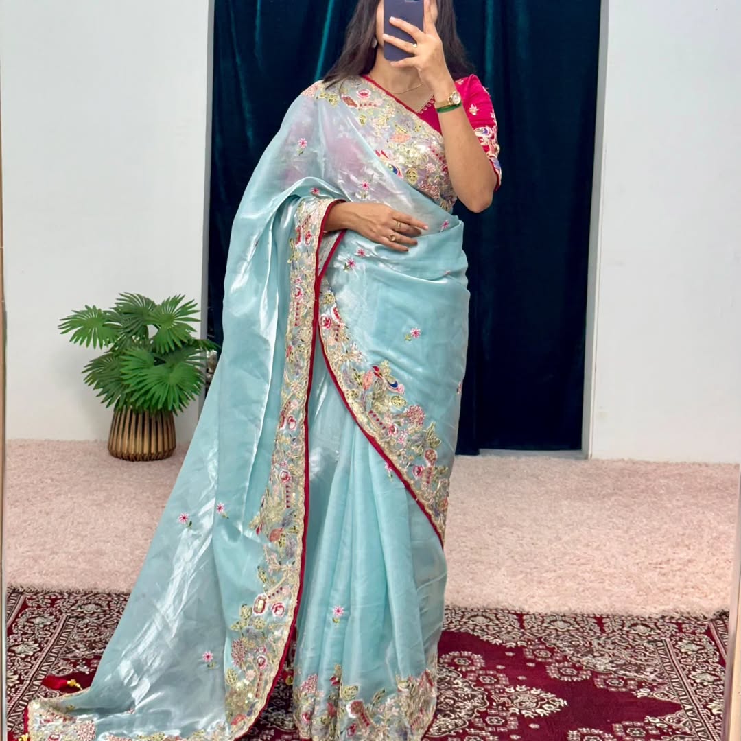 Embroidered organzan sky silk saree