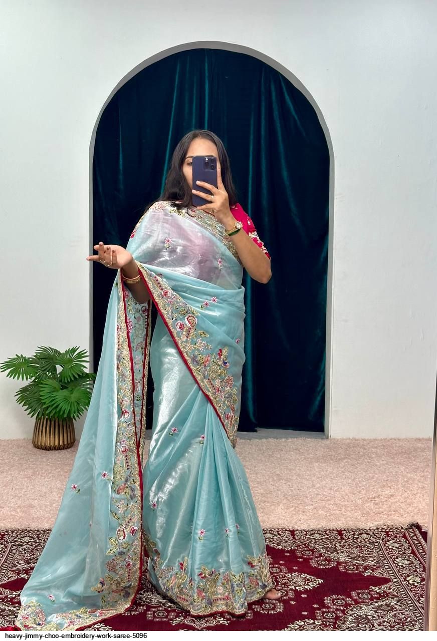 Embroidered organzan sky silk saree