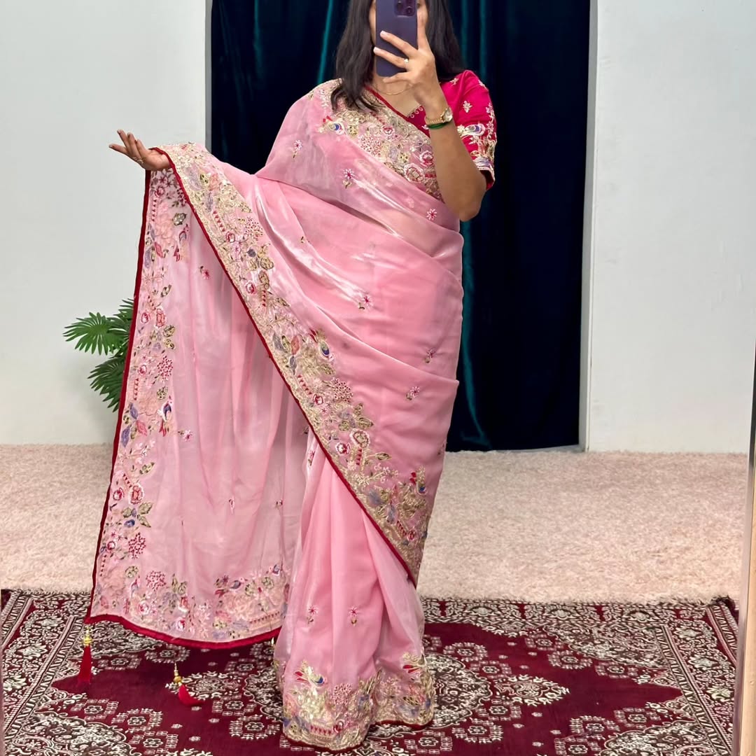 Embroidered organzan silk saree soft pink