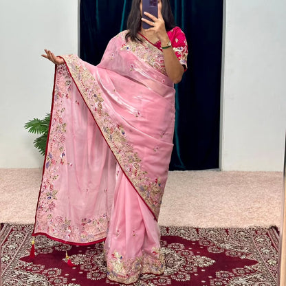 Embroidered organzan silk saree soft pink