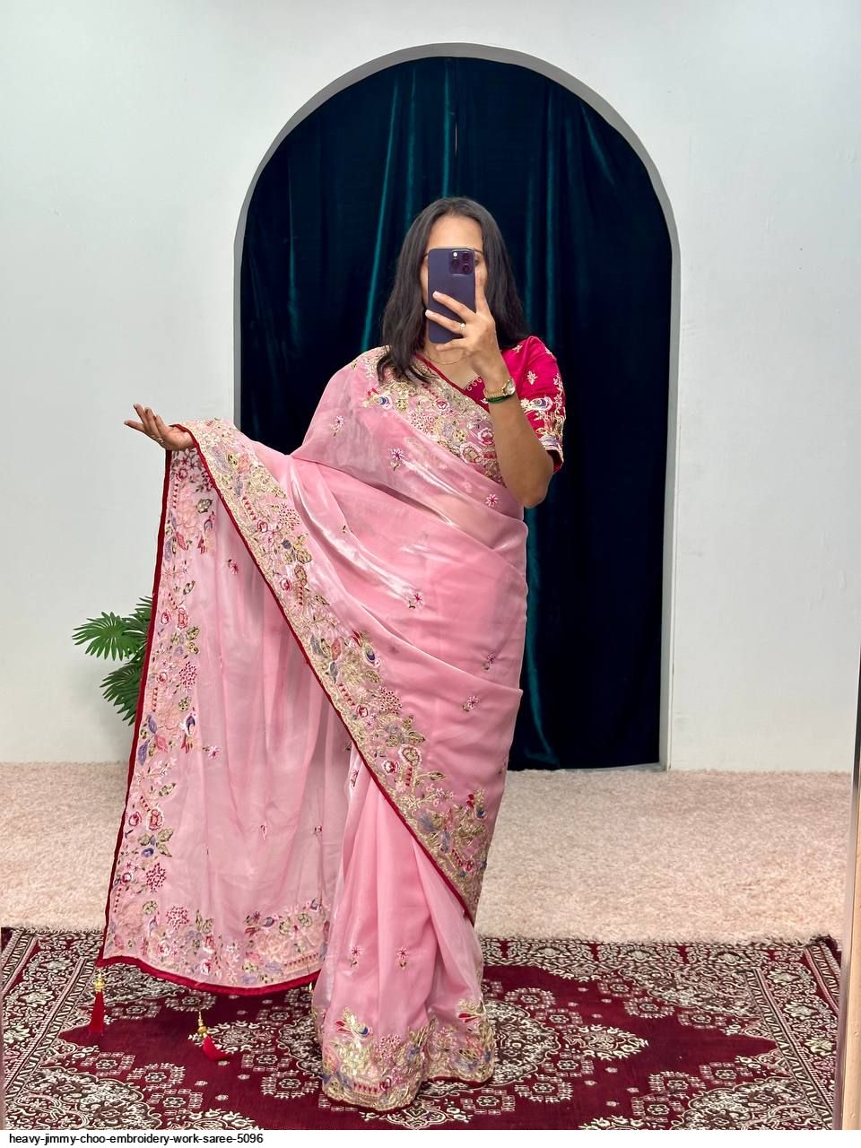 Embroidered organzan silk saree soft pink