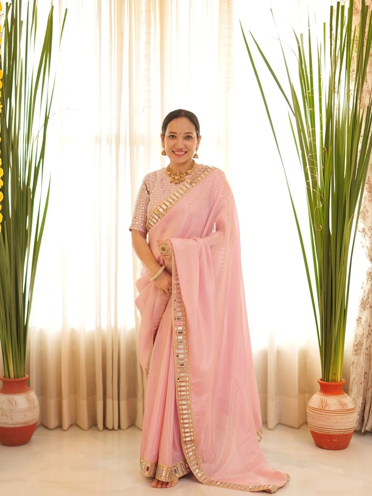 Primium soft organza silk saree mirror work