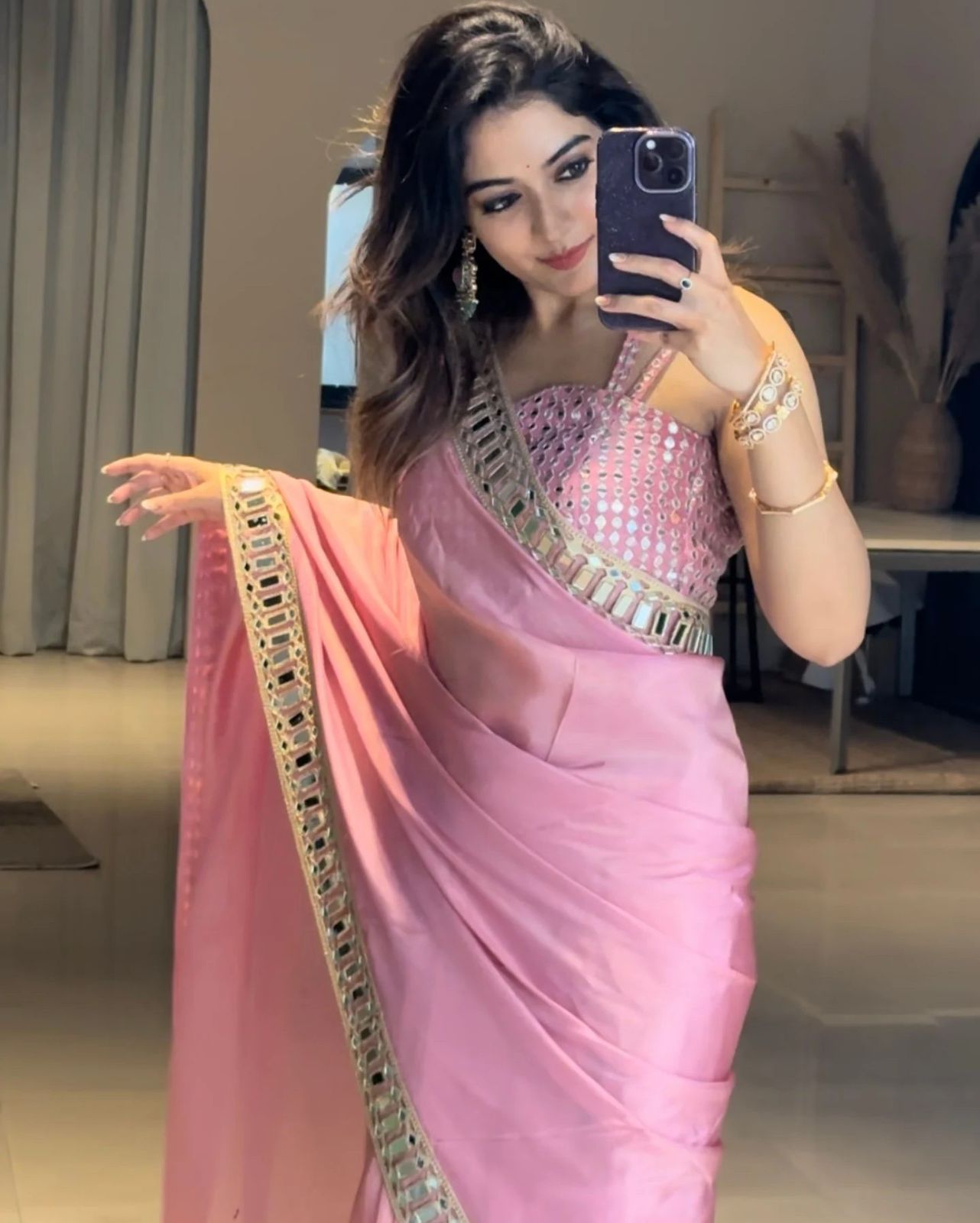 Primium soft organza silk saree mirror work