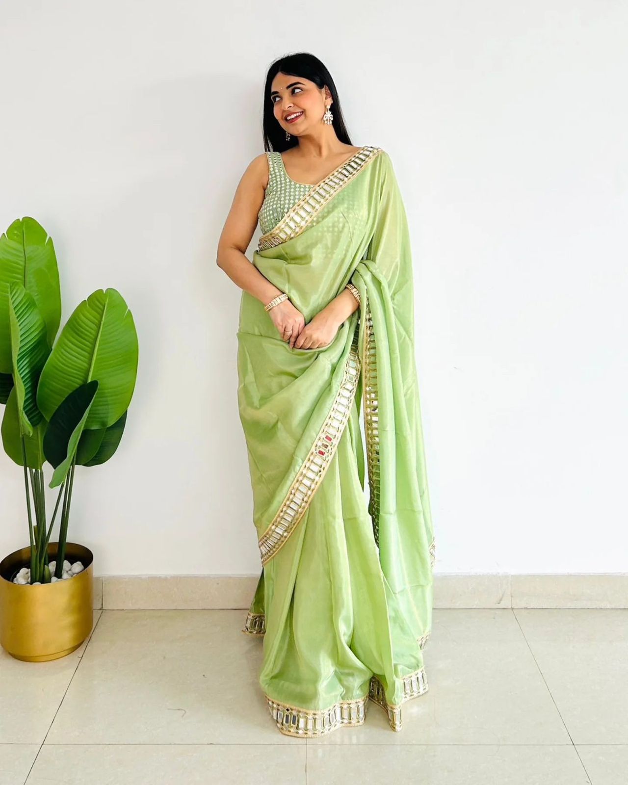 Primium organza silk mirror work saree green