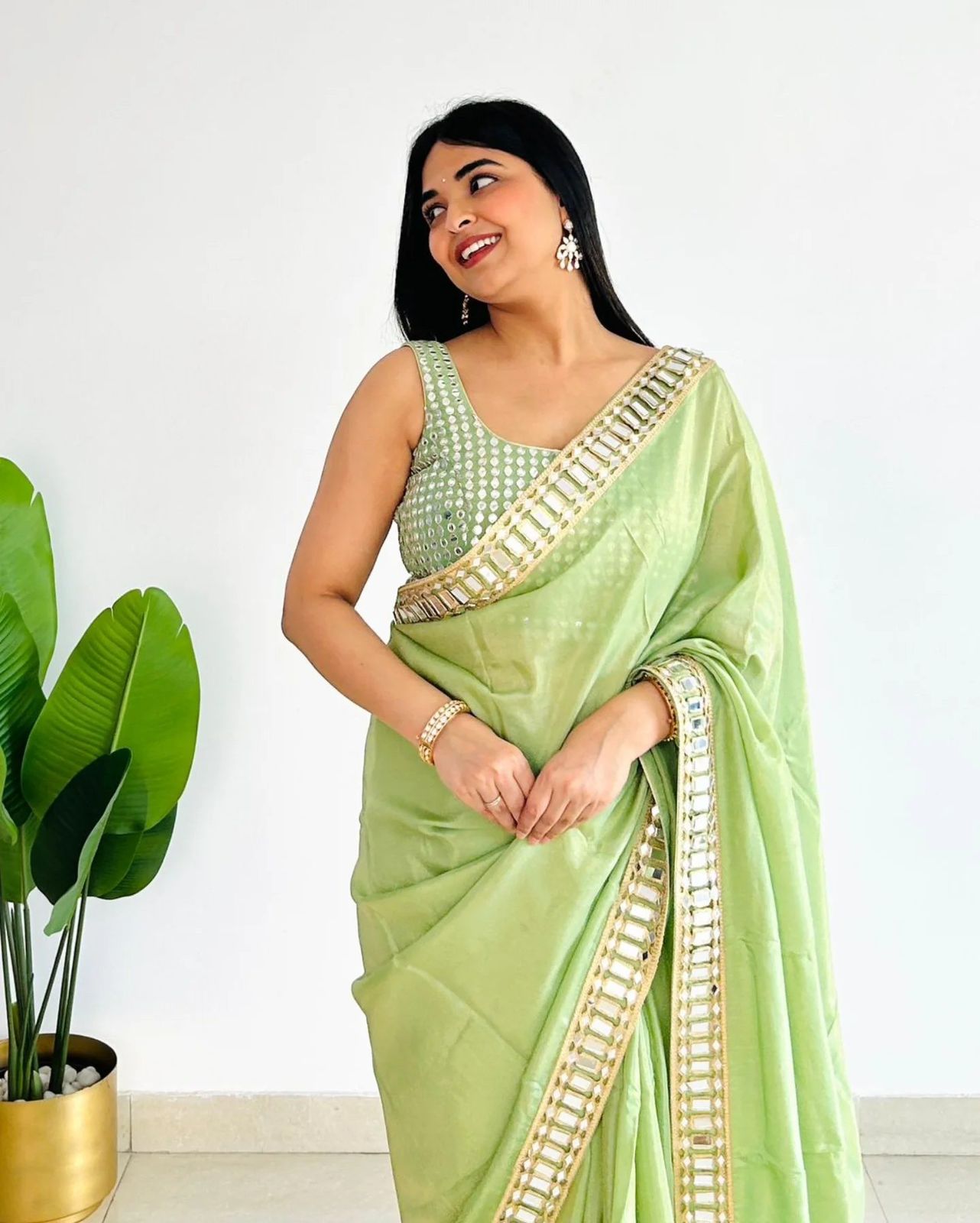 Primium organza silk mirror work saree green
