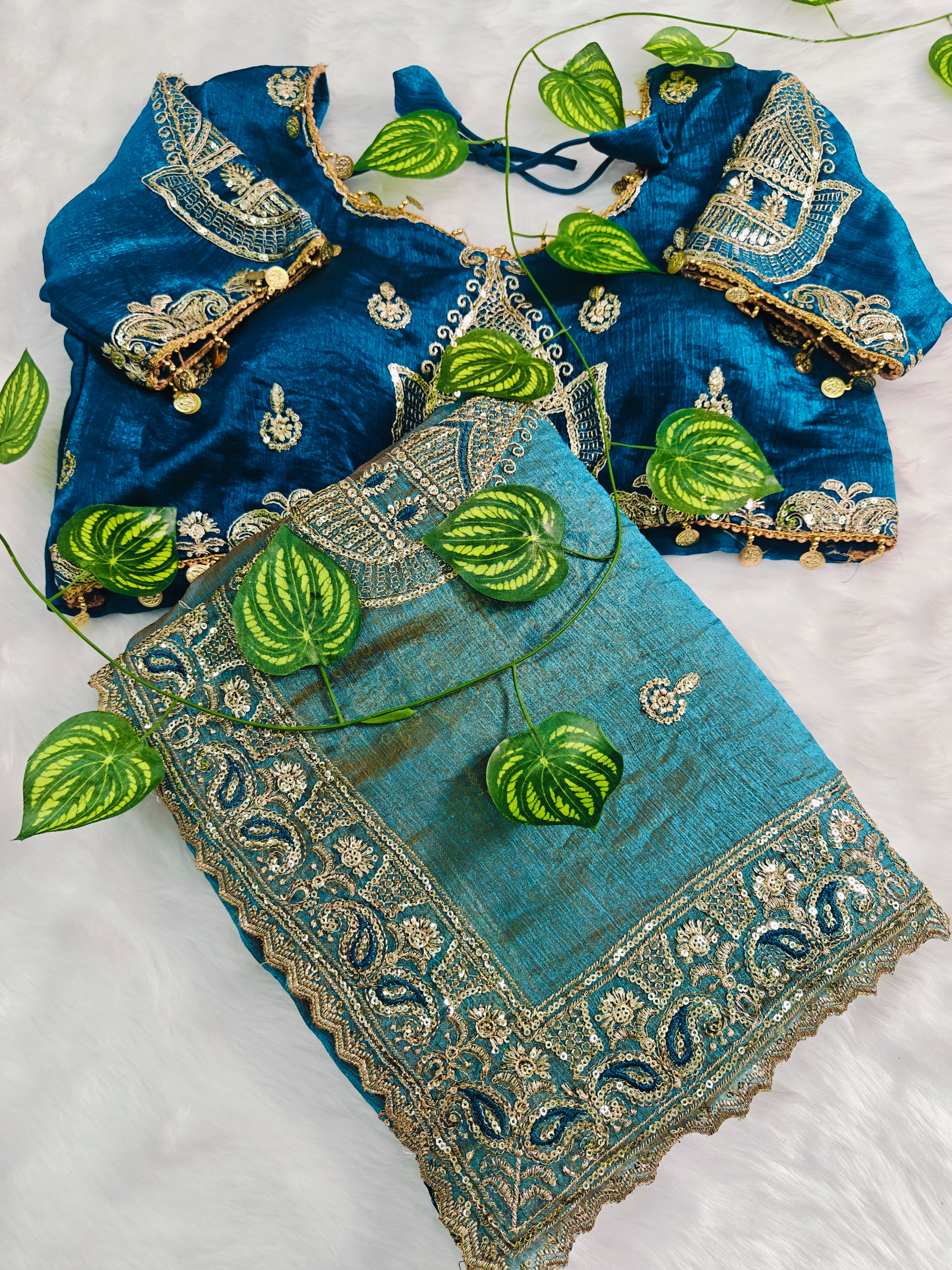 Embroidered organzan silk saree green 💚
