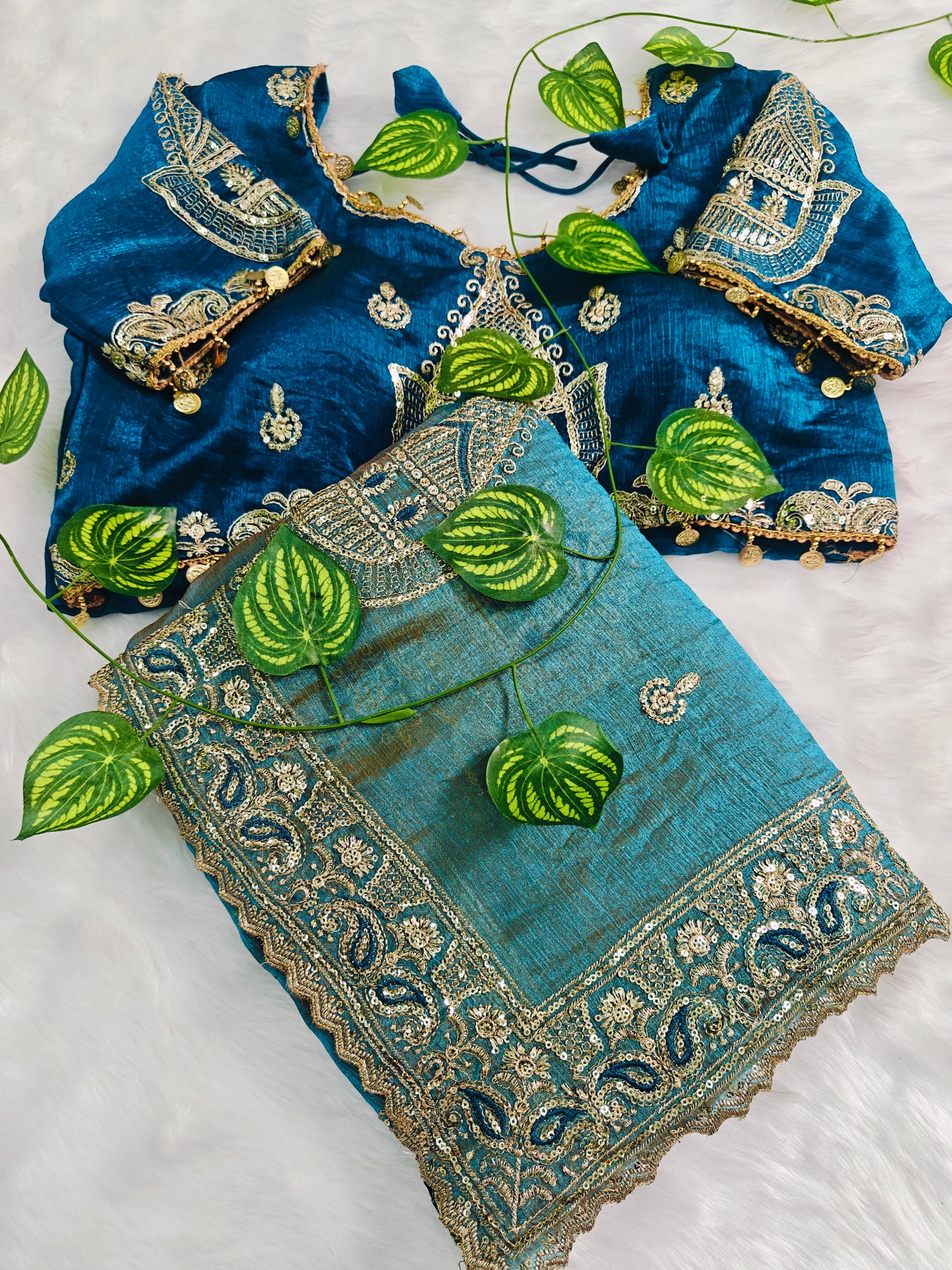 Embroidered organzan silk saree green 💚