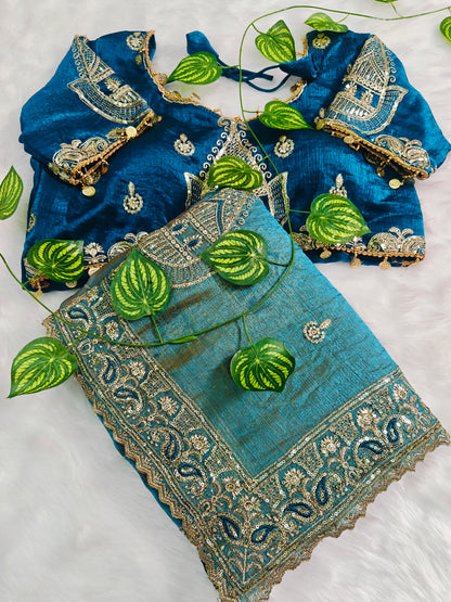 Embroidered organzan silk saree green 💚