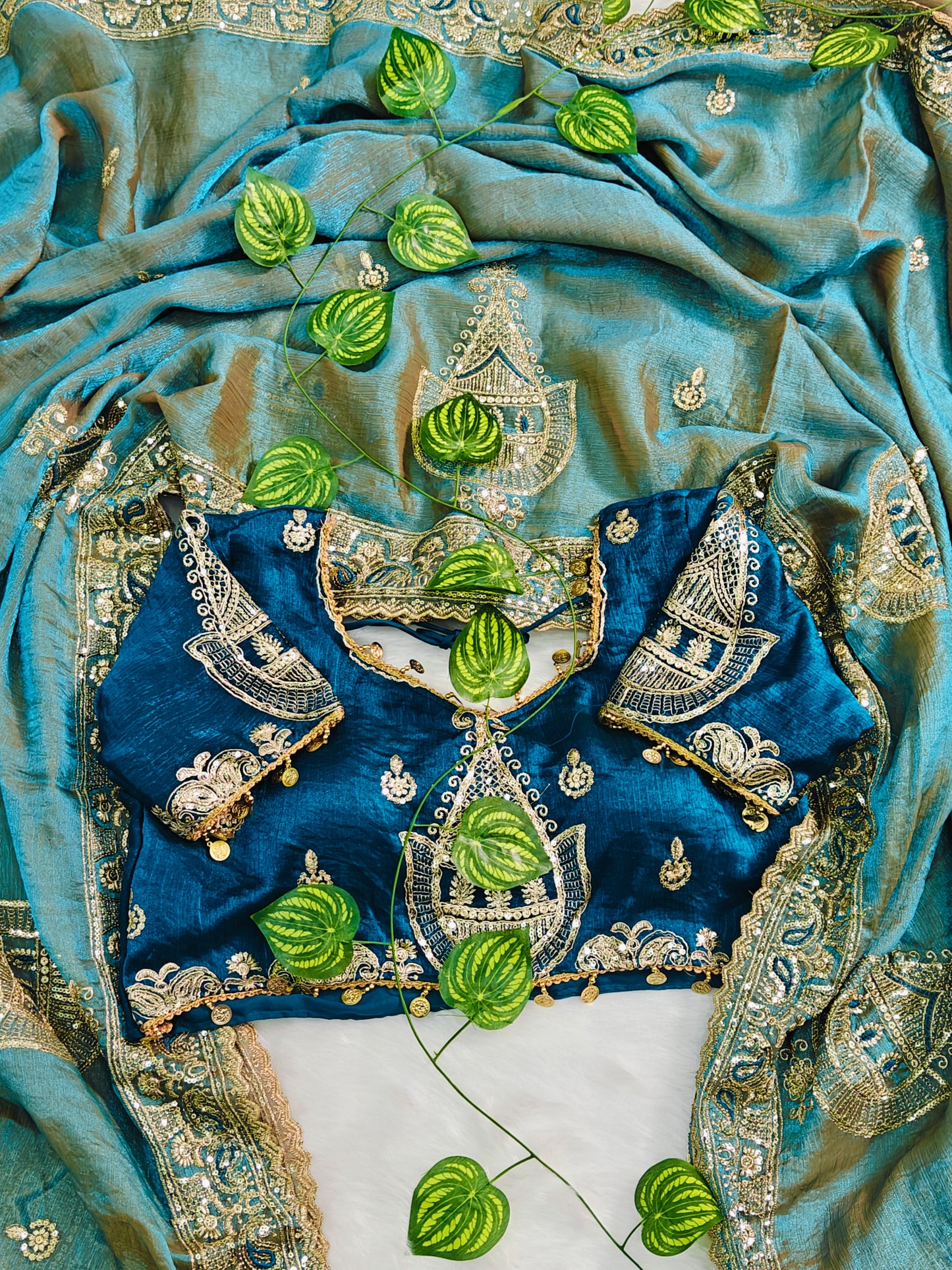 Embroidered organzan silk saree green 💚