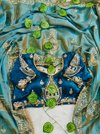 Embroidered organzan silk saree green 💚