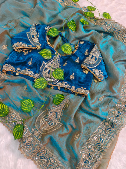 Embroidered organzan silk saree green 💚