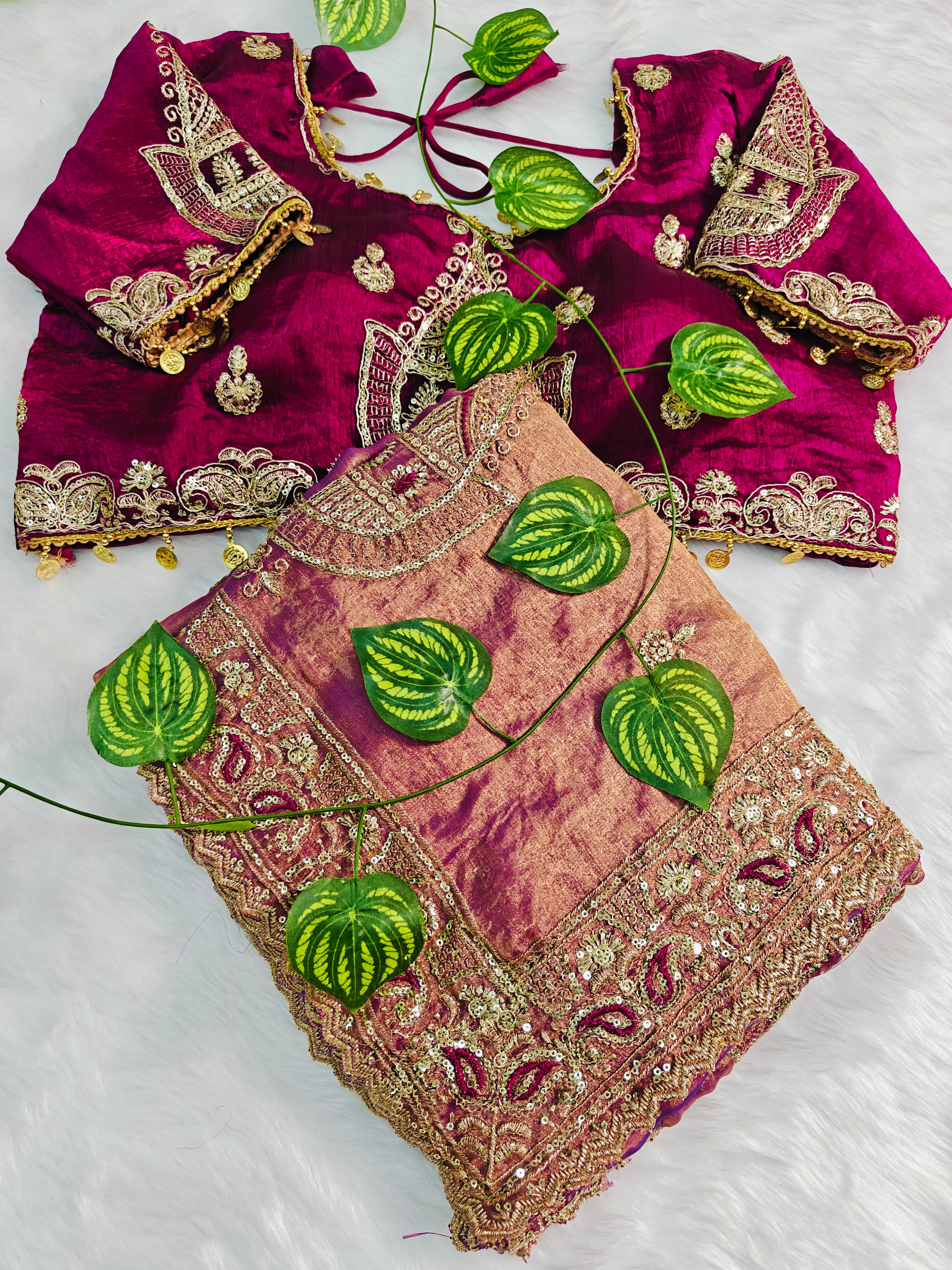 Embroidered organzan silk saree orange