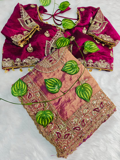 Embroidered organzan silk saree orange