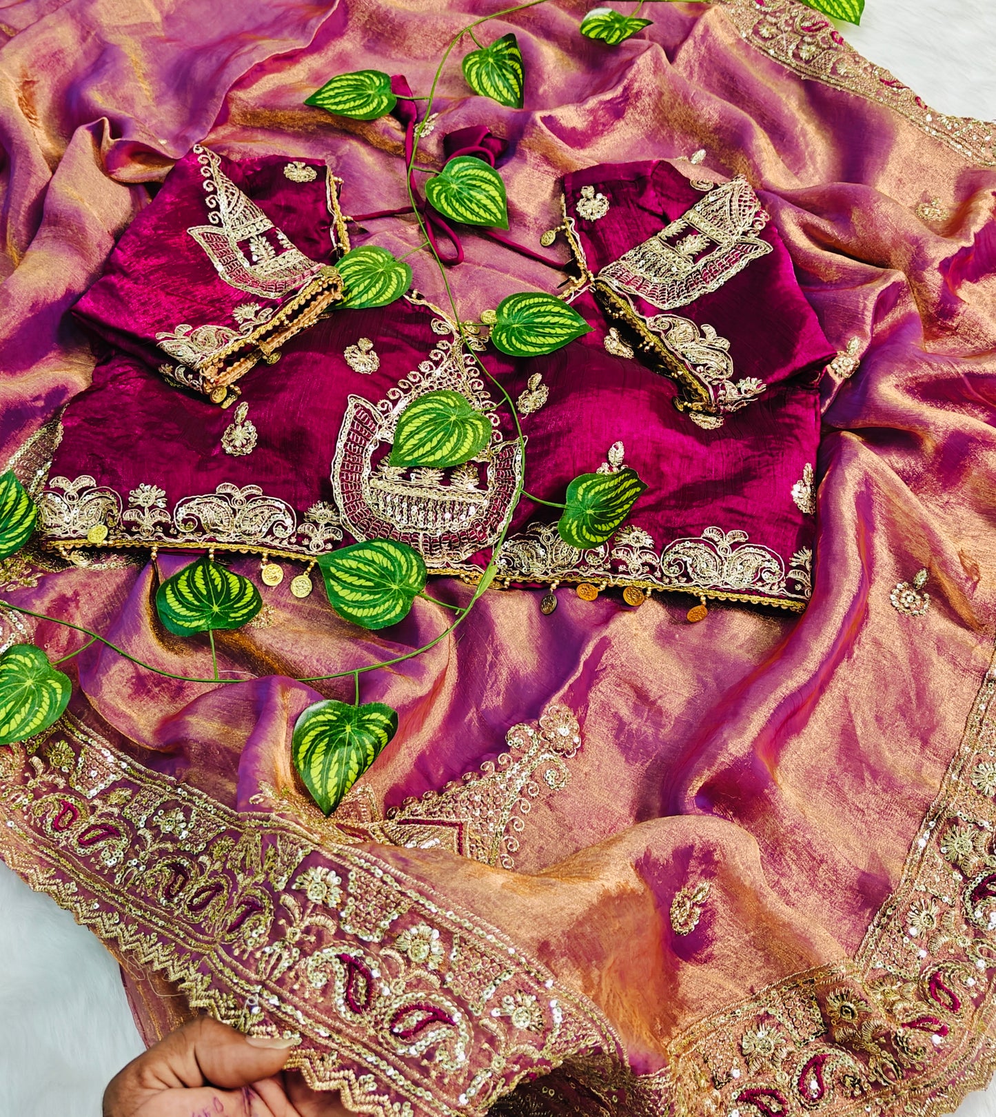 Embroidered organzan silk saree orange