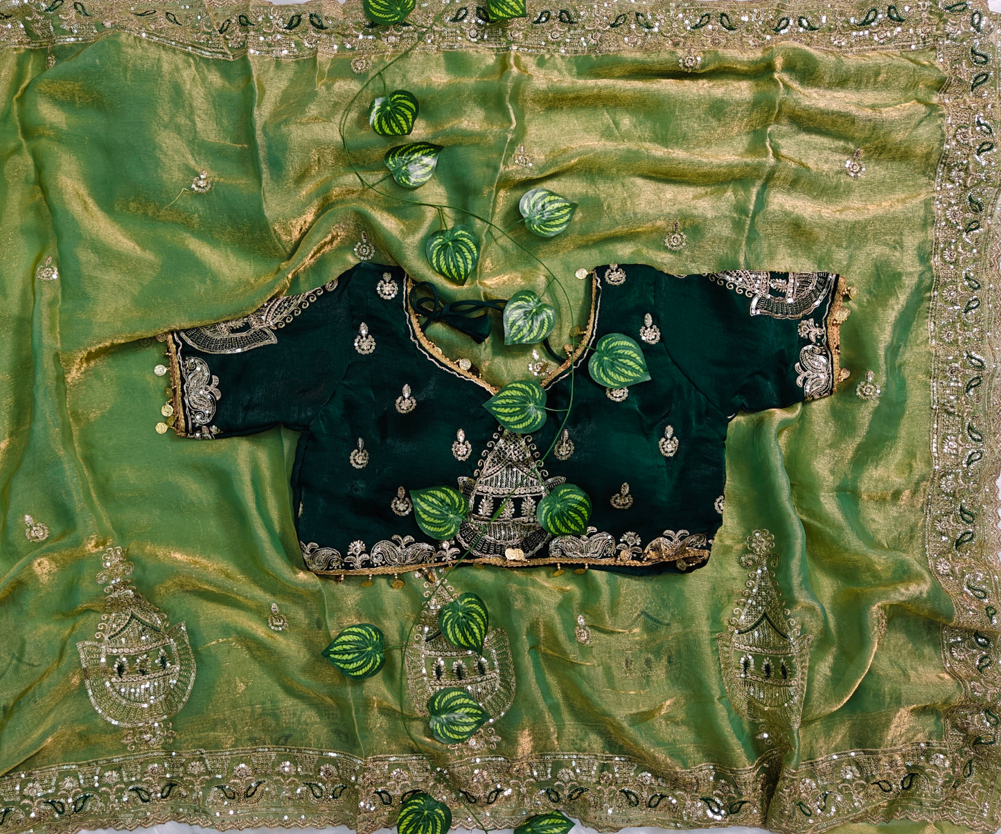 Embroidered organzan silk saree green 💚