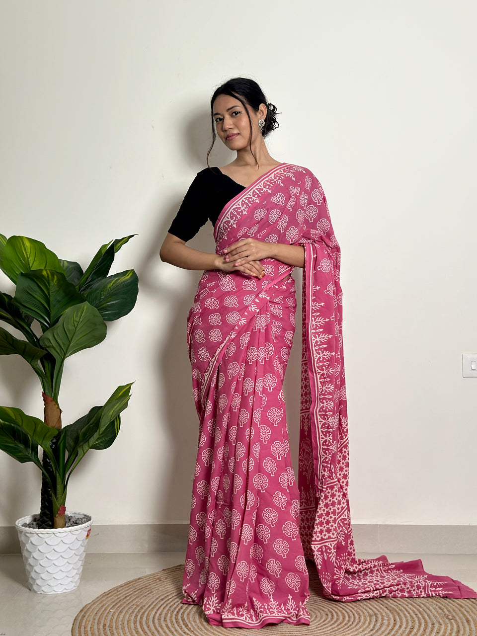 Printed cutton saree contrast pink white