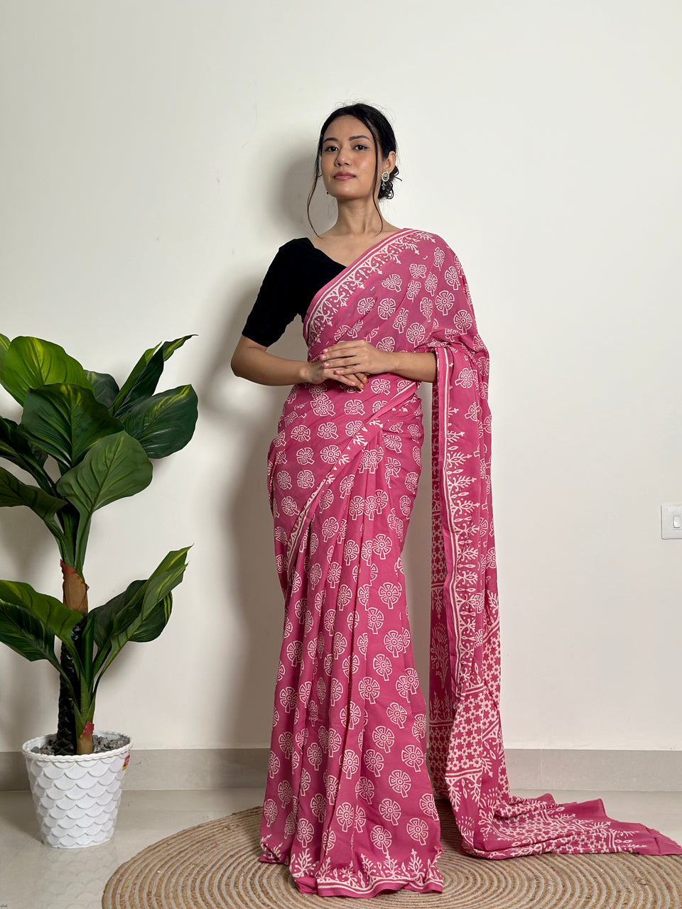 Printed cutton saree contrast pink white