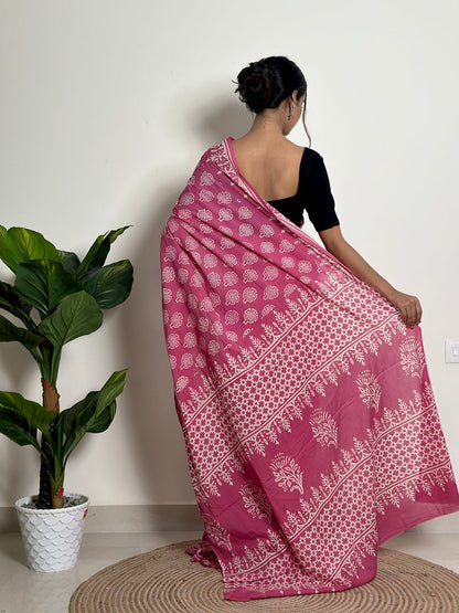 Printed cutton saree contrast pink white