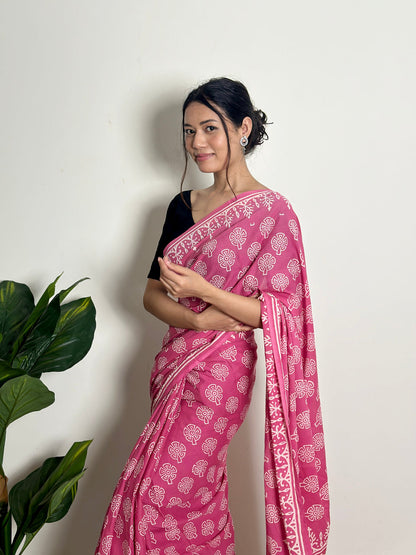 Printed cutton saree contrast pink white