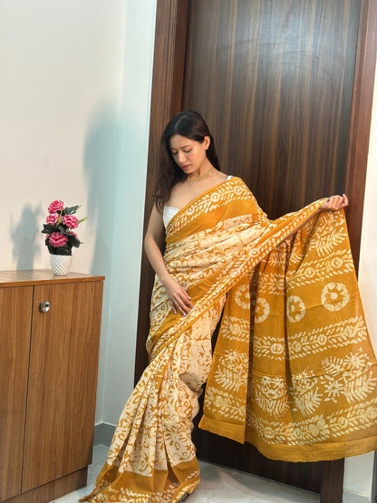 Printed cutton saree contrast yellow