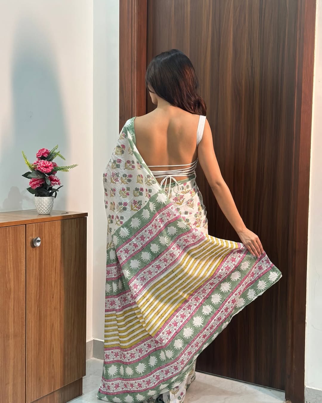 Printed cutton saree contrast mixed colour