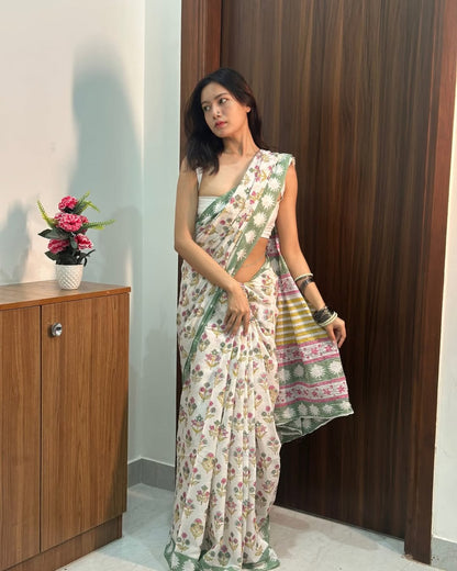 Printed cutton saree contrast mixed colour