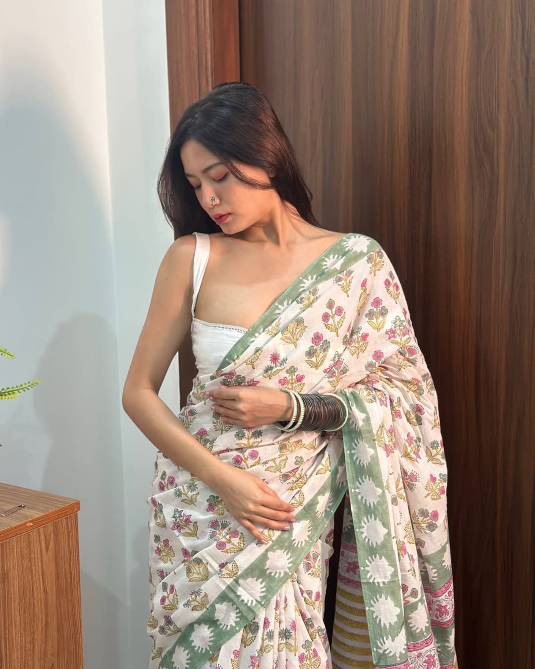 Printed cutton saree contrast mixed colour
