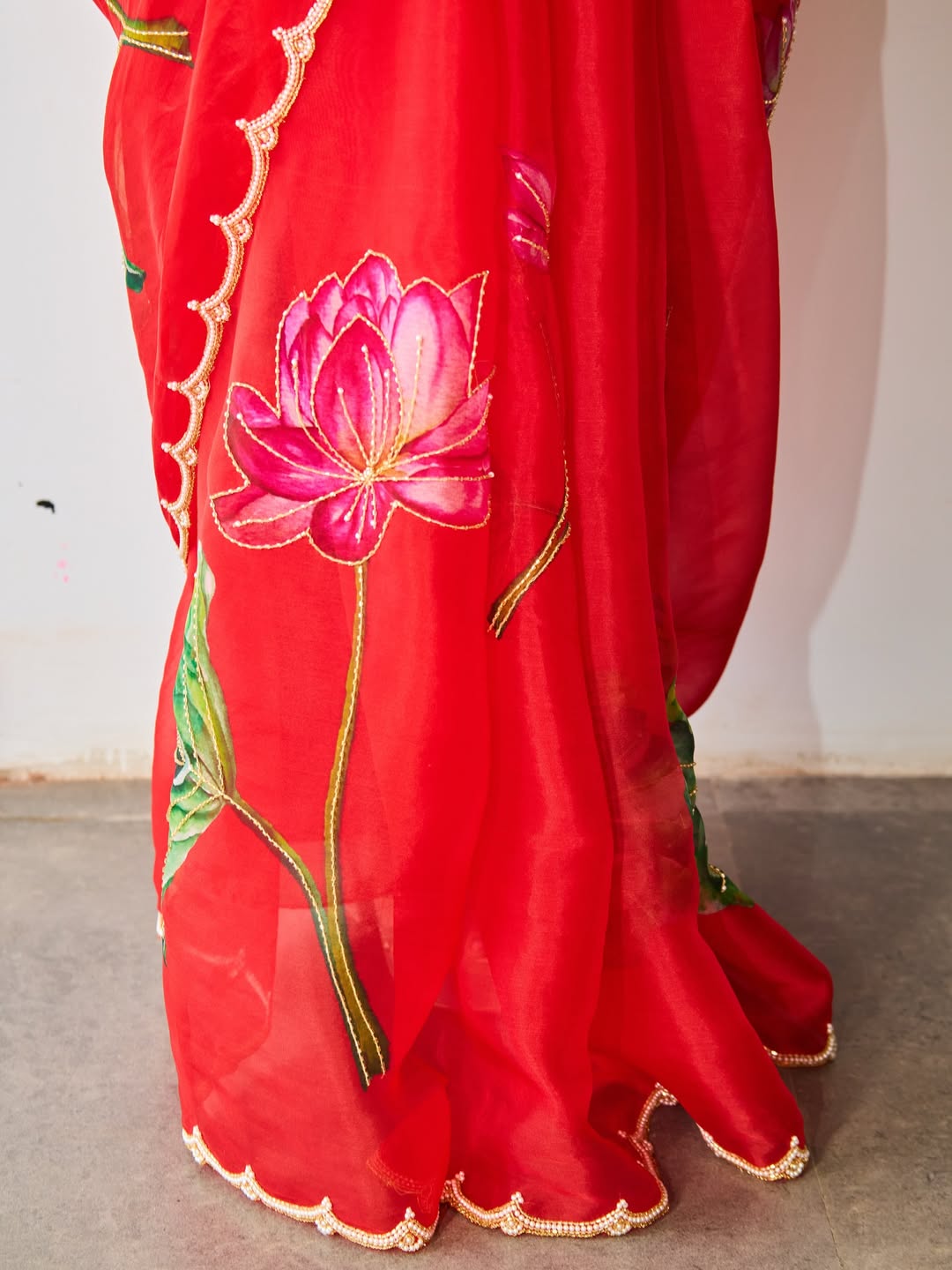 Fancy scalloped lace border red designer saree