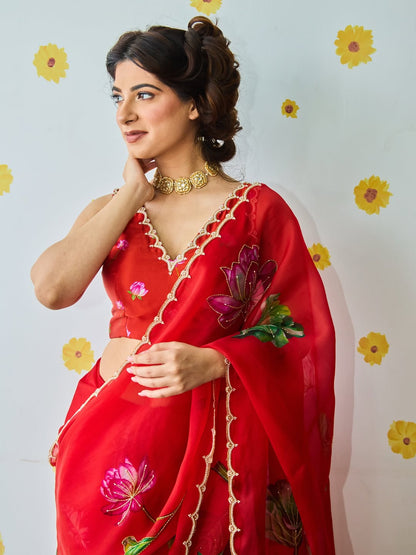 Fancy scalloped lace border red designer saree