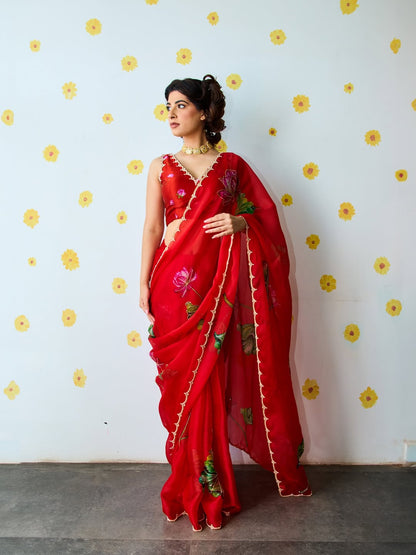 Fancy scalloped lace border red designer saree