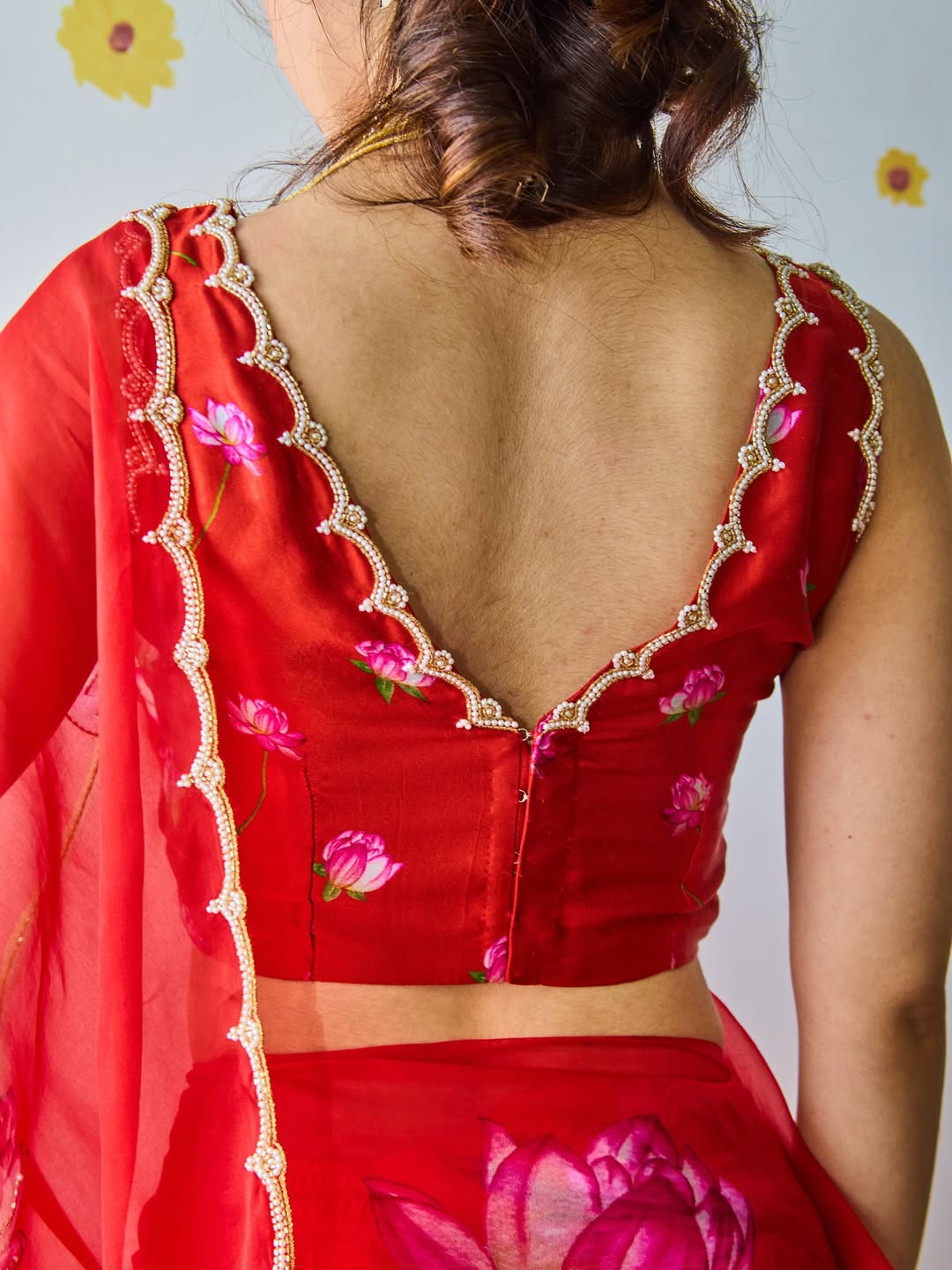 Fancy scalloped lace border red designer saree