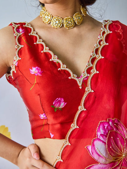 Fancy scalloped lace border red designer saree