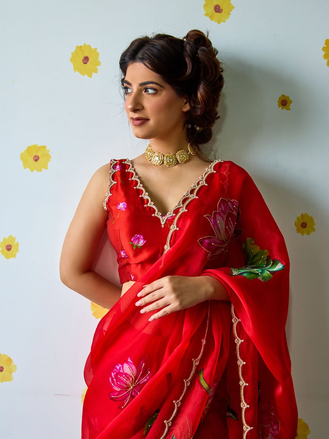 Fancy scalloped lace border red designer saree