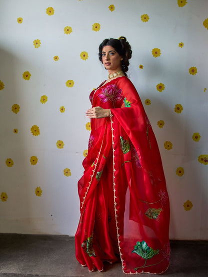 Fancy scalloped lace border red designer saree