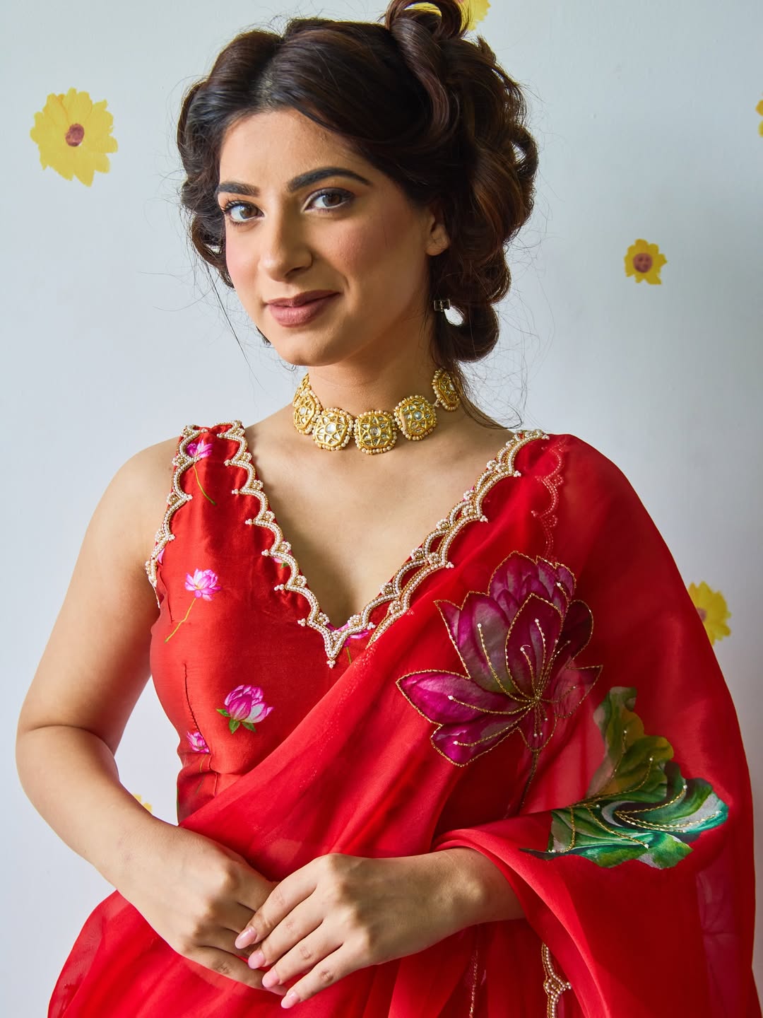 Fancy scalloped lace border red designer saree