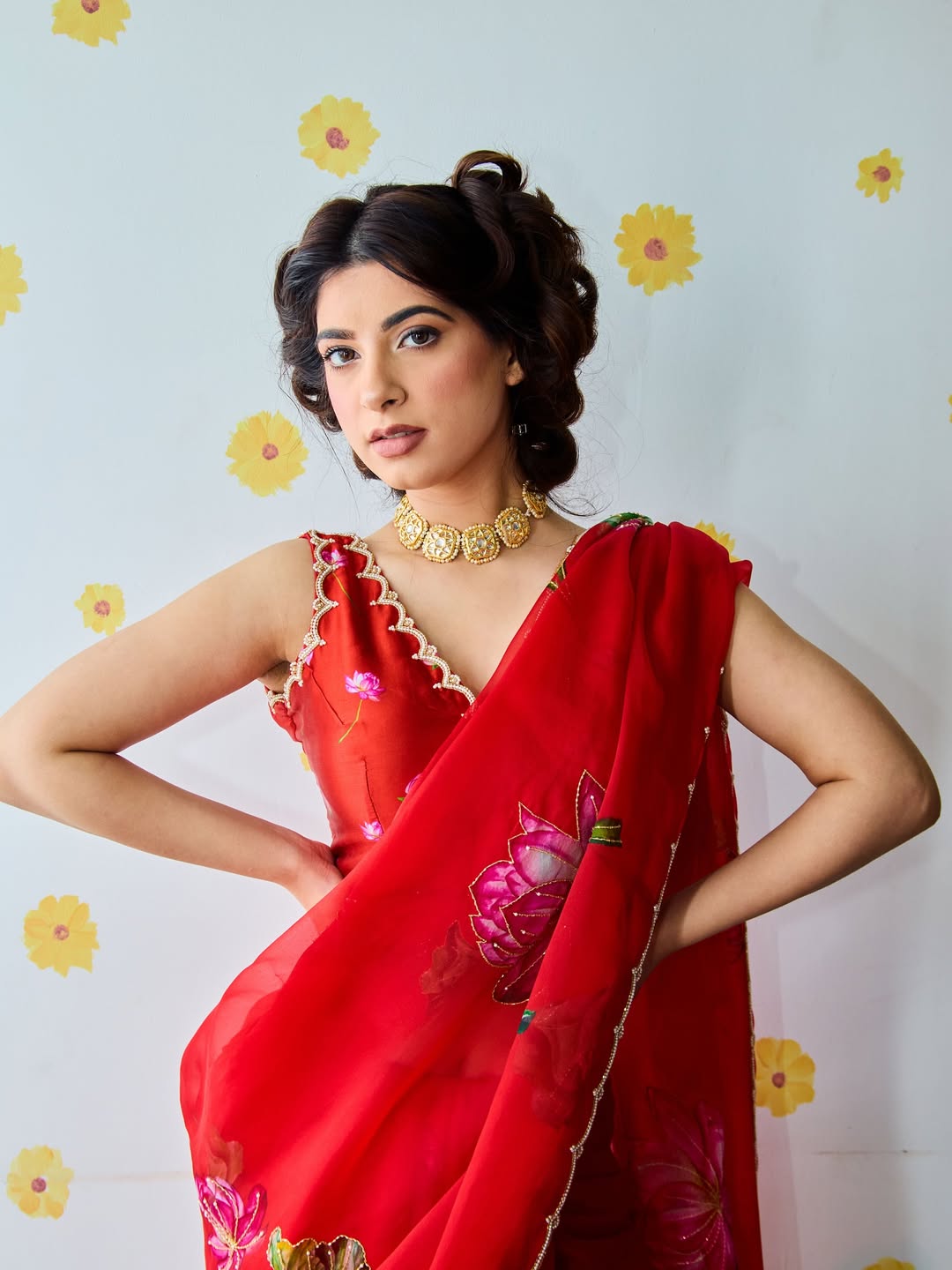 Fancy scalloped lace border red designer saree