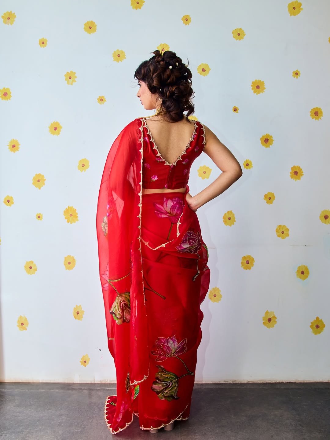 Fancy scalloped lace border red designer saree